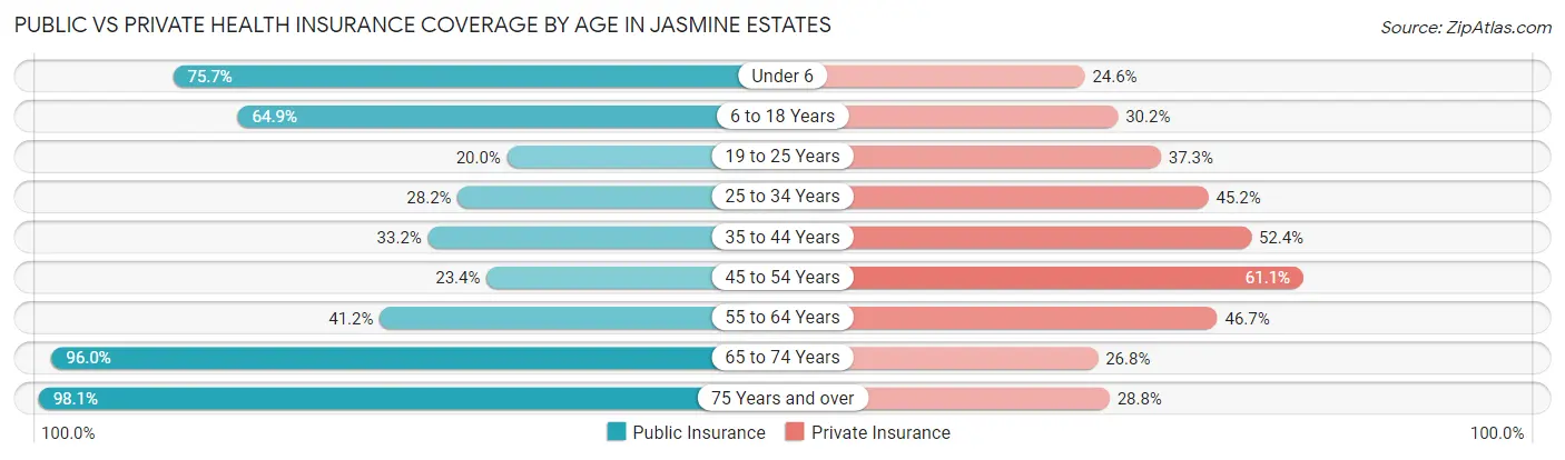 Public vs Private Health Insurance Coverage by Age in Jasmine Estates
