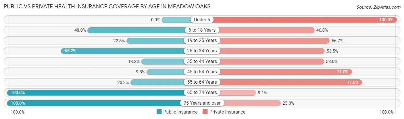 Public vs Private Health Insurance Coverage by Age in Meadow Oaks