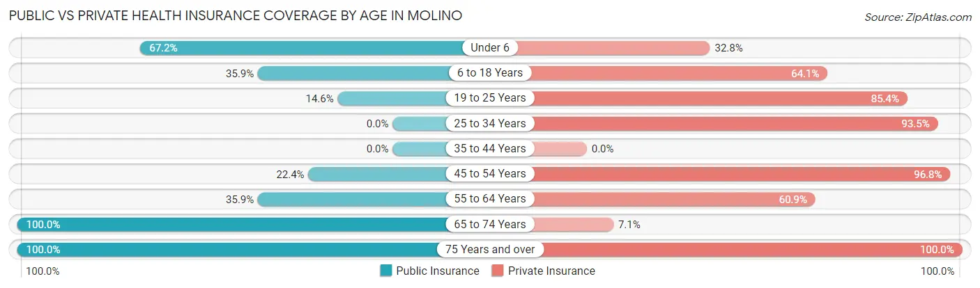 Public vs Private Health Insurance Coverage by Age in Molino