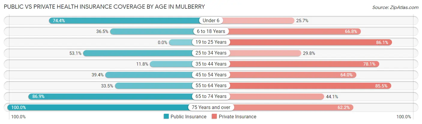 Public vs Private Health Insurance Coverage by Age in Mulberry
