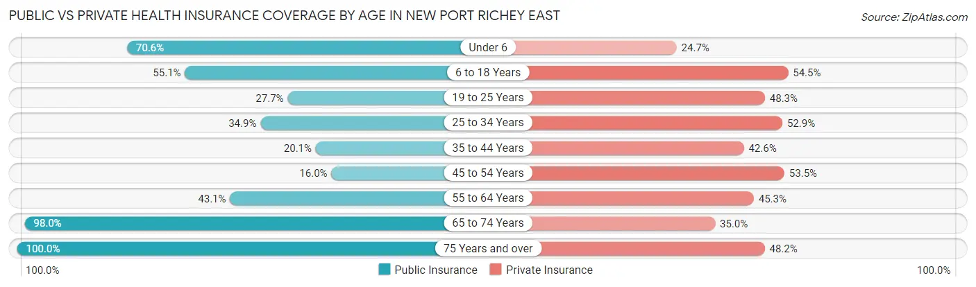 Public vs Private Health Insurance Coverage by Age in New Port Richey East