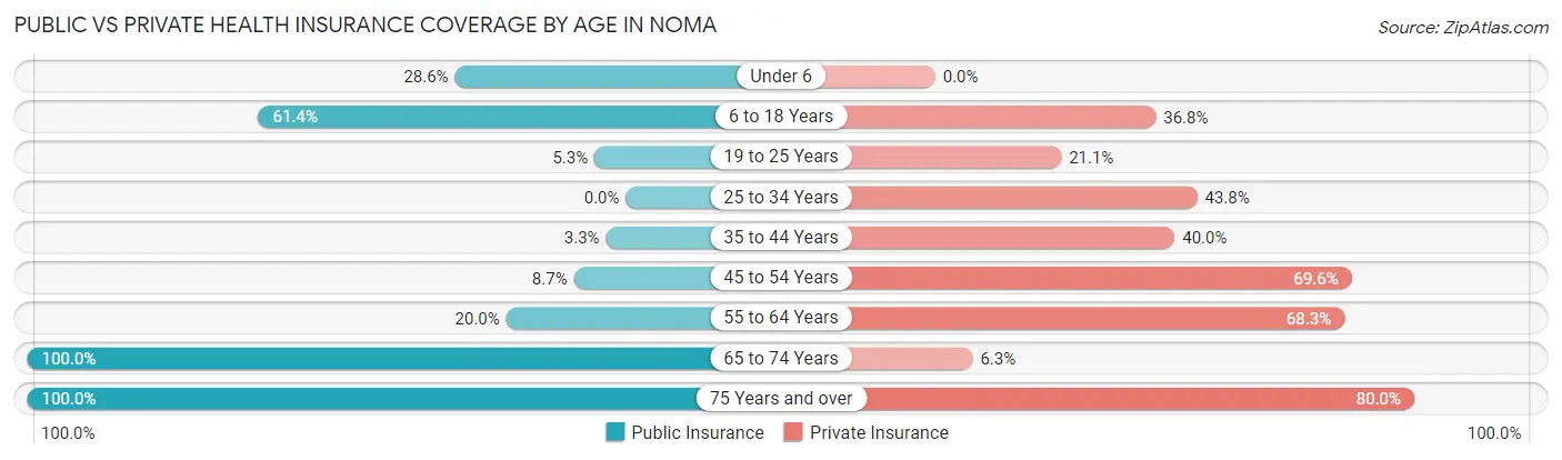 Public vs Private Health Insurance Coverage by Age in Noma