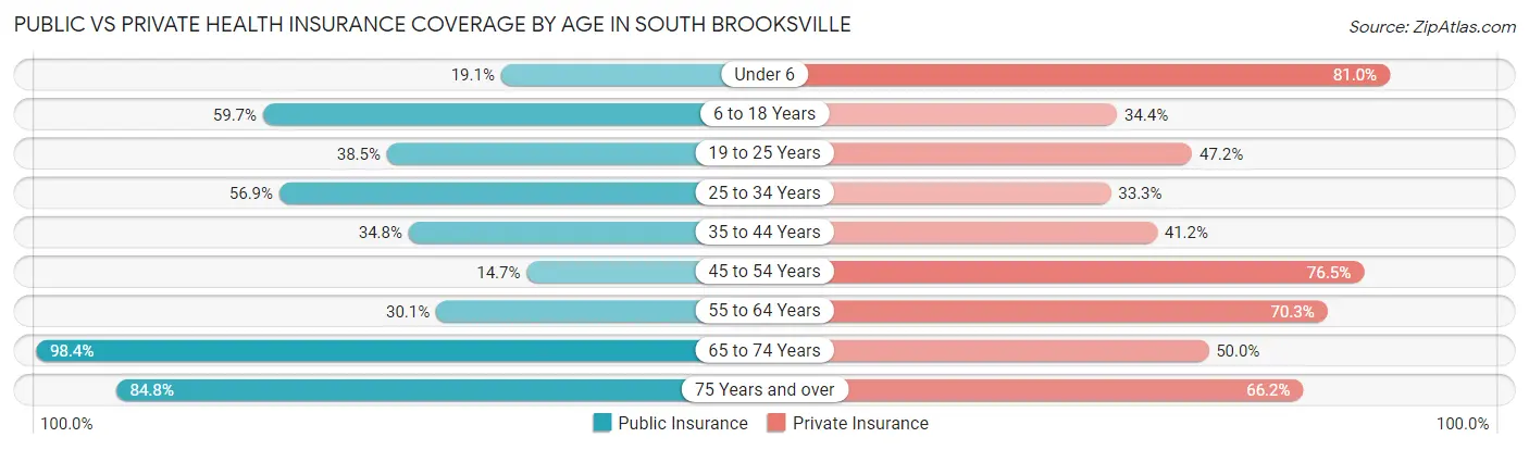 Public vs Private Health Insurance Coverage by Age in South Brooksville