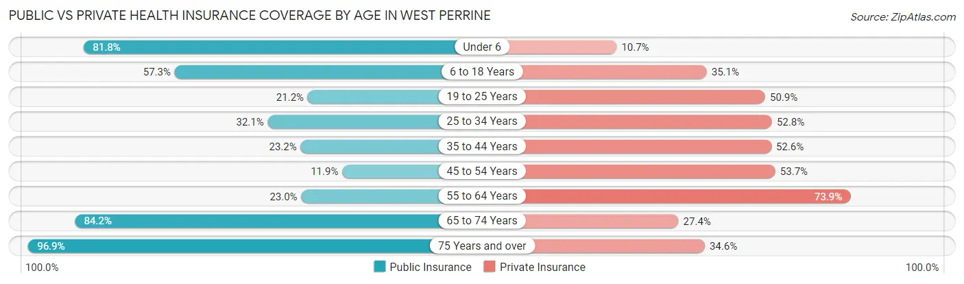 Public vs Private Health Insurance Coverage by Age in West Perrine