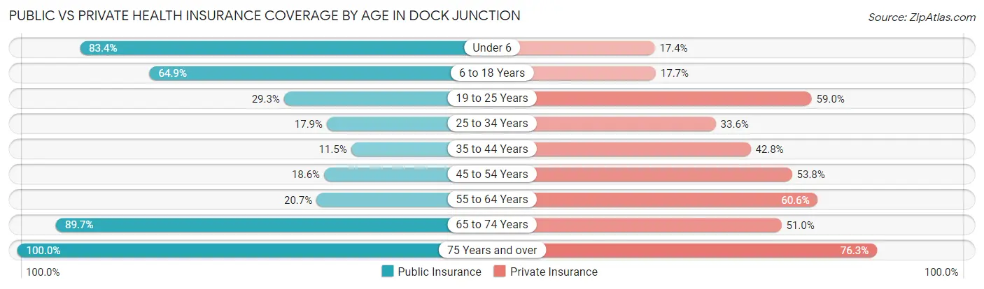 Public vs Private Health Insurance Coverage by Age in Dock Junction