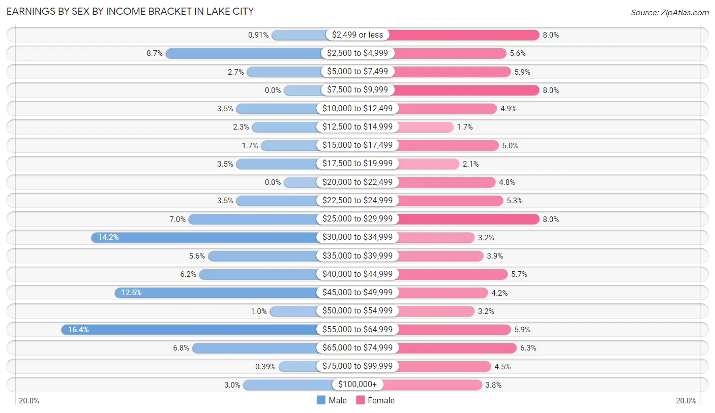 Earnings by Sex by Income Bracket in Lake City