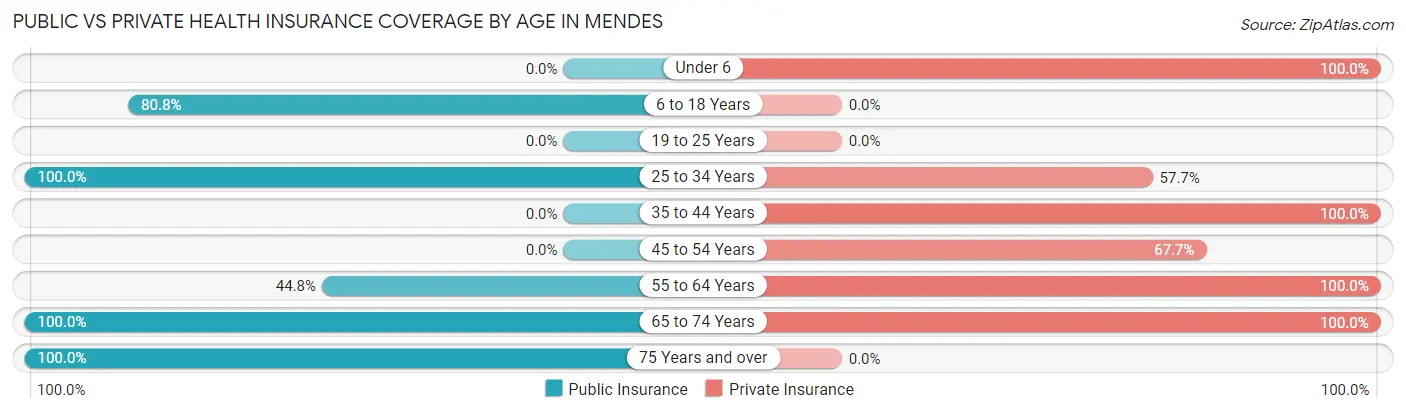 Public vs Private Health Insurance Coverage by Age in Mendes