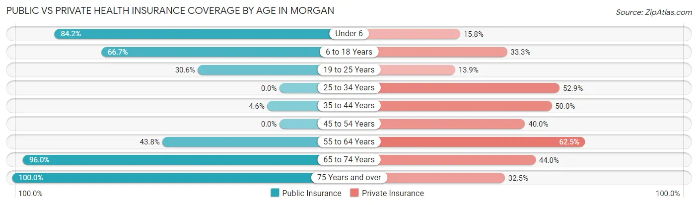 Public vs Private Health Insurance Coverage by Age in Morgan