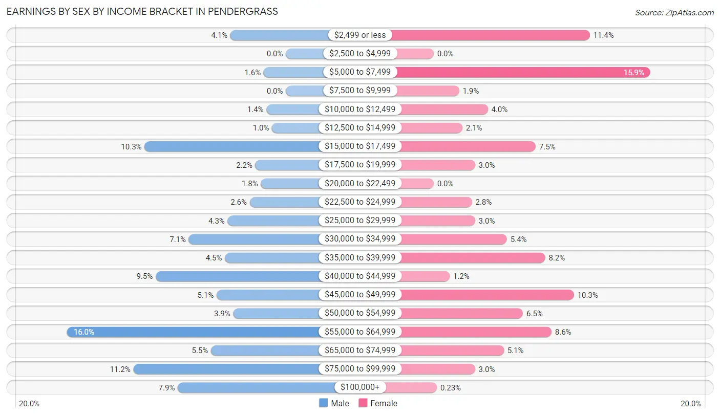 Earnings by Sex by Income Bracket in Pendergrass