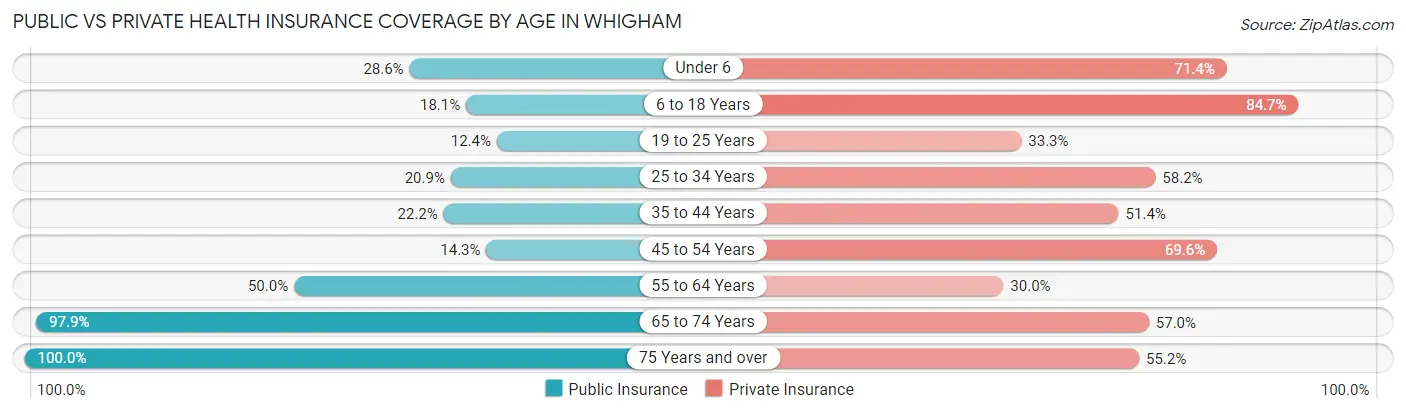 Public vs Private Health Insurance Coverage by Age in Whigham