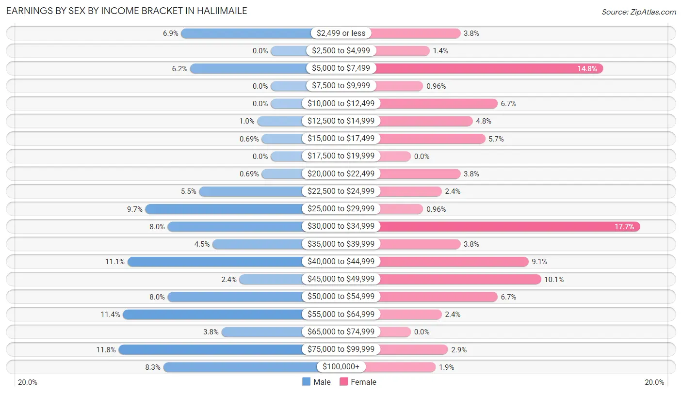 Earnings by Sex by Income Bracket in Haliimaile