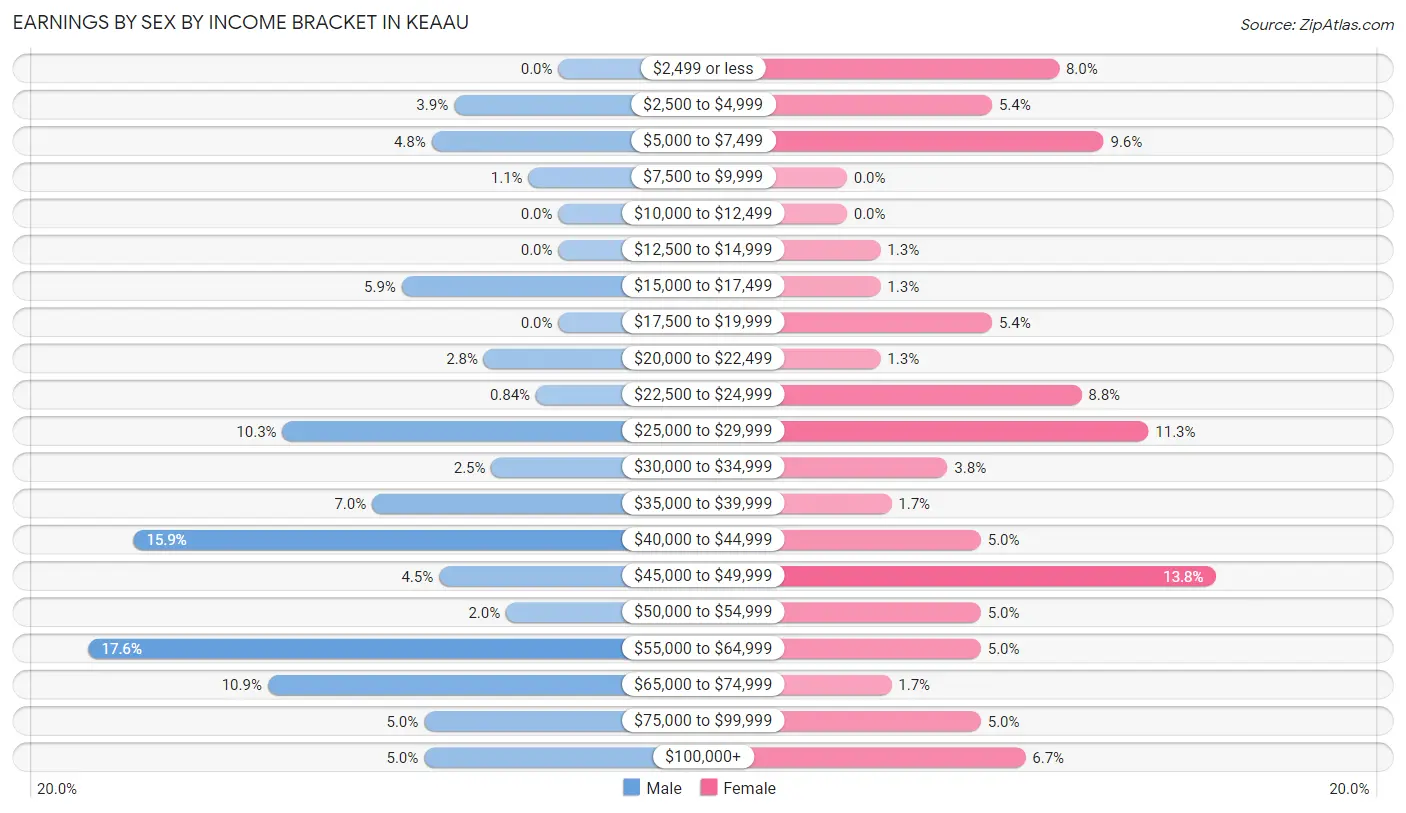 Earnings by Sex by Income Bracket in Keaau