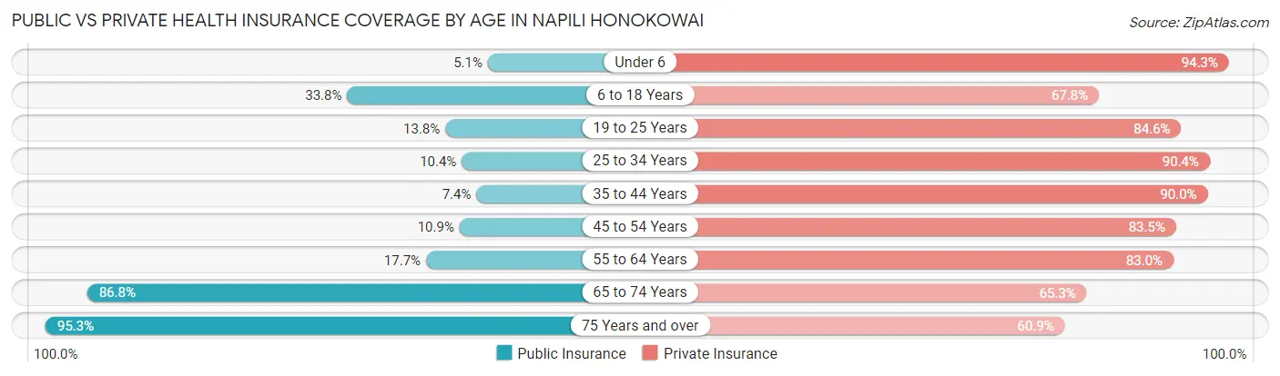 Public vs Private Health Insurance Coverage by Age in Napili Honokowai