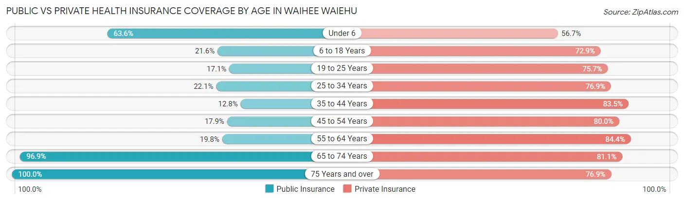 Public vs Private Health Insurance Coverage by Age in Waihee Waiehu