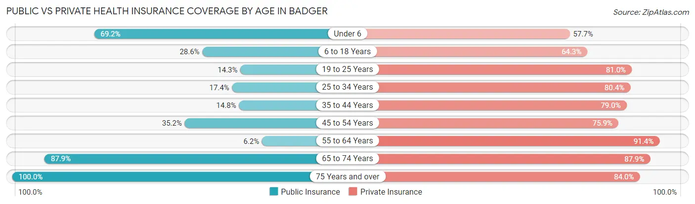 Public vs Private Health Insurance Coverage by Age in Badger