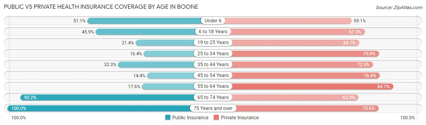 Public vs Private Health Insurance Coverage by Age in Boone