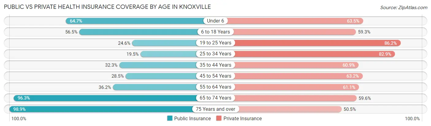 Public vs Private Health Insurance Coverage by Age in Knoxville