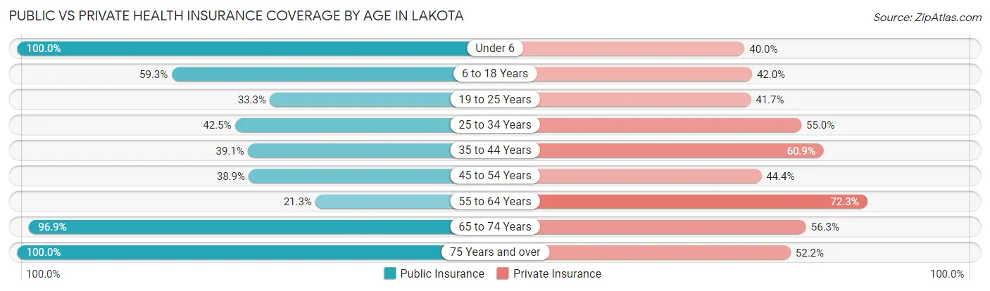 Public vs Private Health Insurance Coverage by Age in Lakota