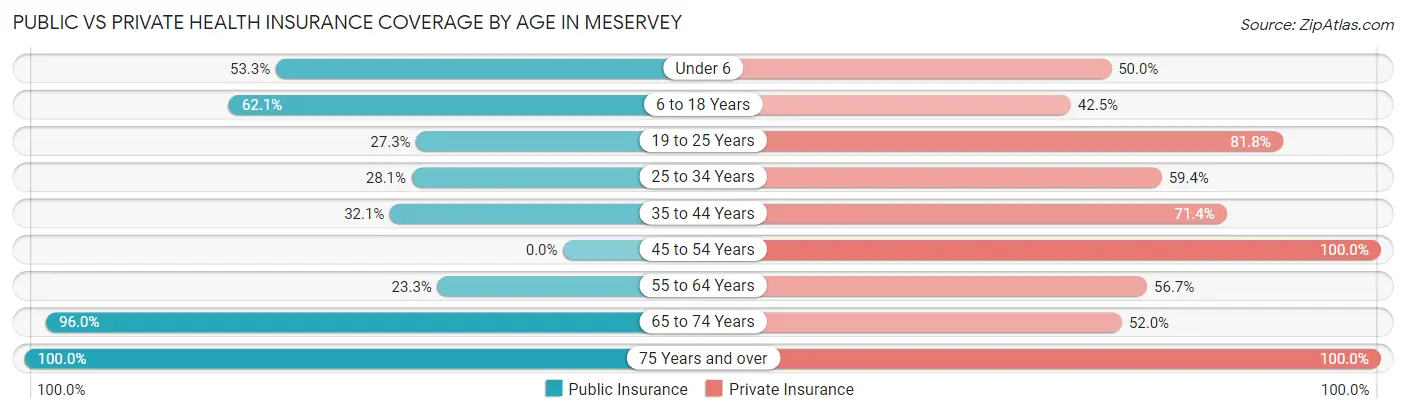 Public vs Private Health Insurance Coverage by Age in Meservey