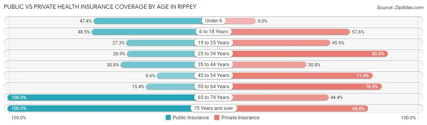 Public vs Private Health Insurance Coverage by Age in Rippey