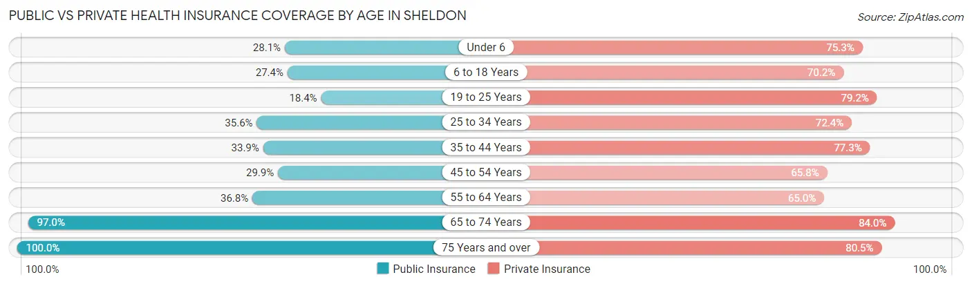 Public vs Private Health Insurance Coverage by Age in Sheldon