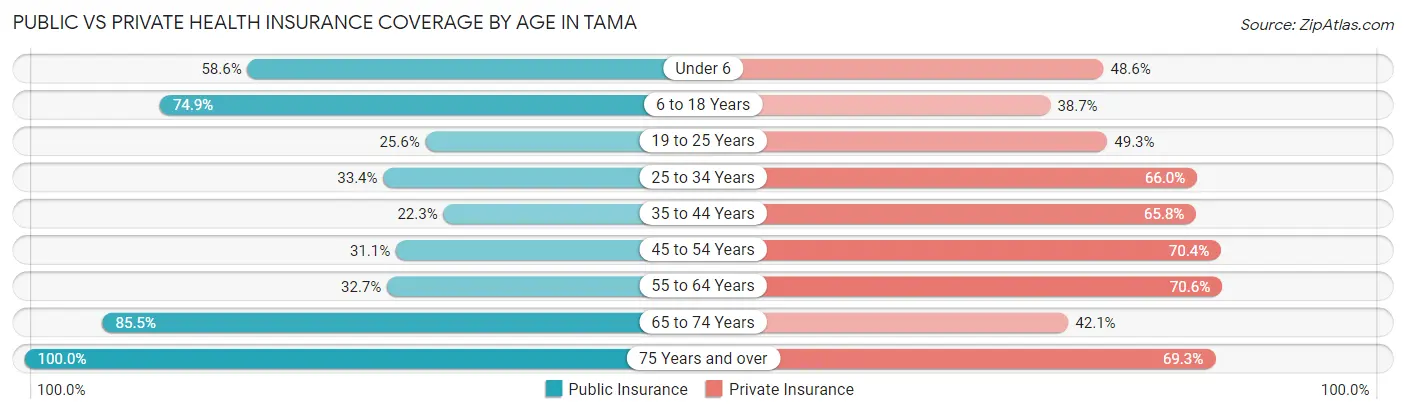 Public vs Private Health Insurance Coverage by Age in Tama