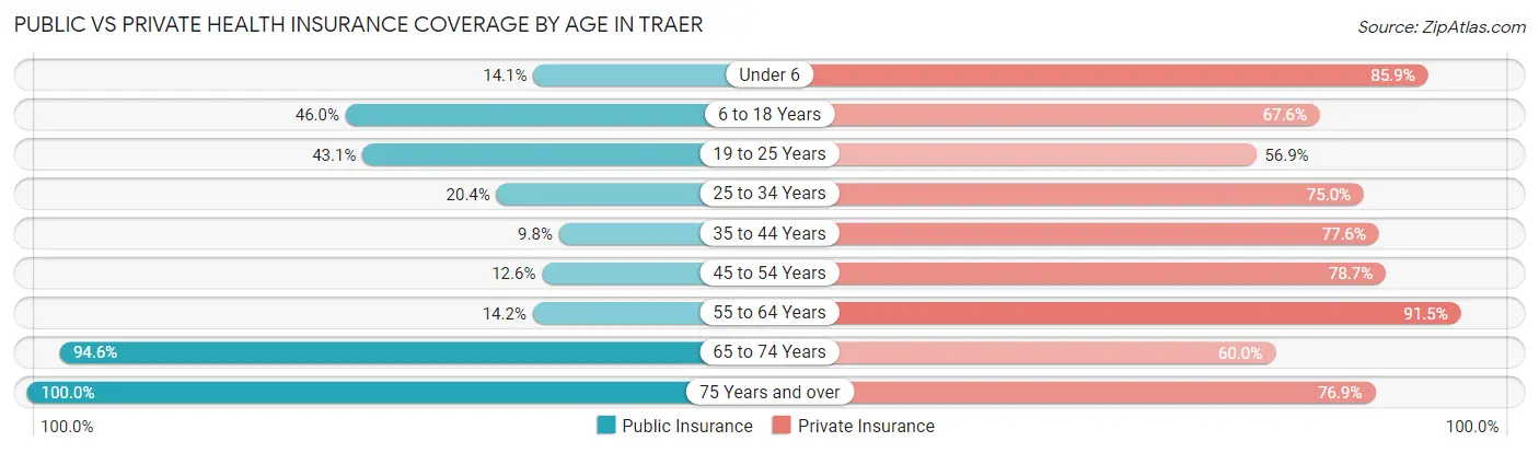 Public vs Private Health Insurance Coverage by Age in Traer