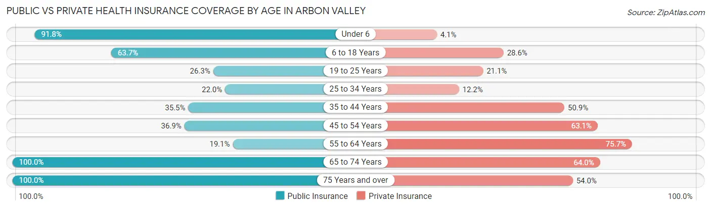 Public vs Private Health Insurance Coverage by Age in Arbon Valley
