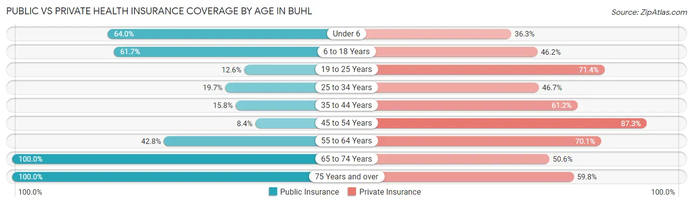 Public vs Private Health Insurance Coverage by Age in Buhl