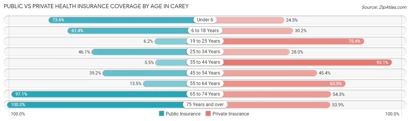 Public vs Private Health Insurance Coverage by Age in Carey