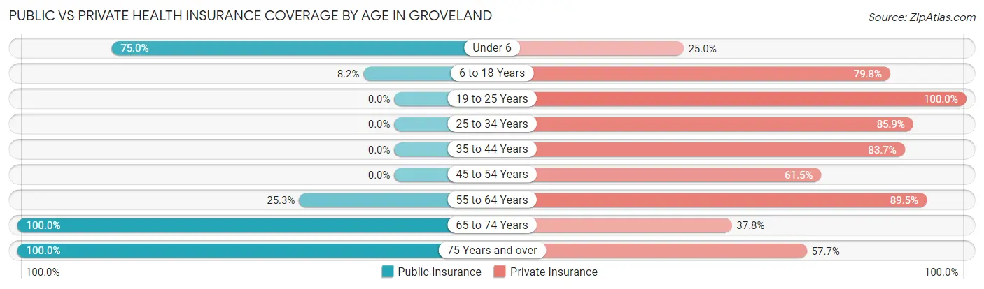 Public vs Private Health Insurance Coverage by Age in Groveland