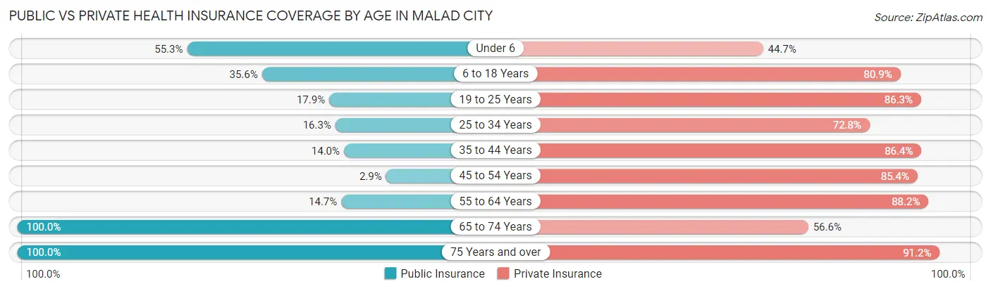 Public vs Private Health Insurance Coverage by Age in Malad City