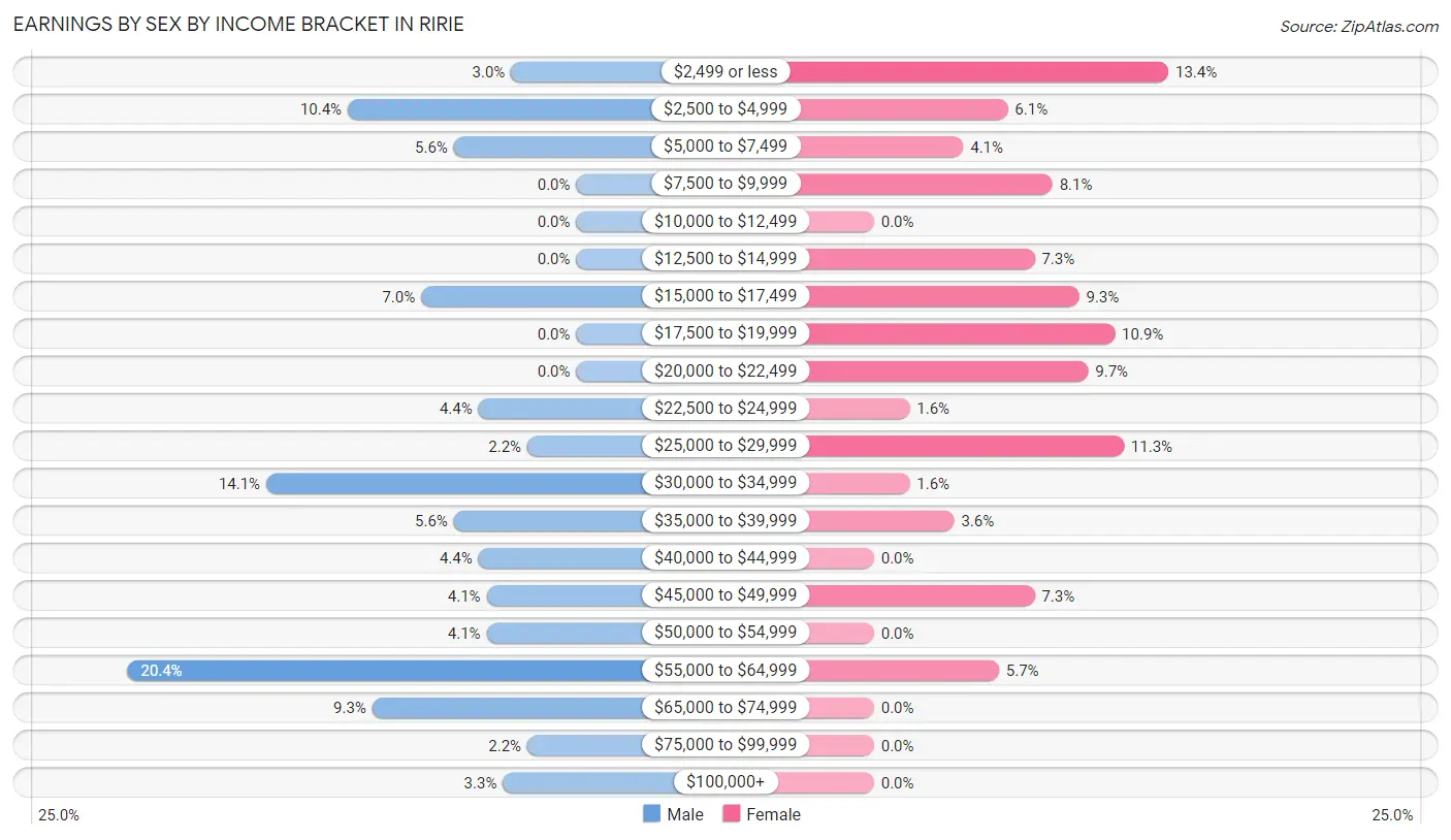 Earnings by Sex by Income Bracket in Ririe