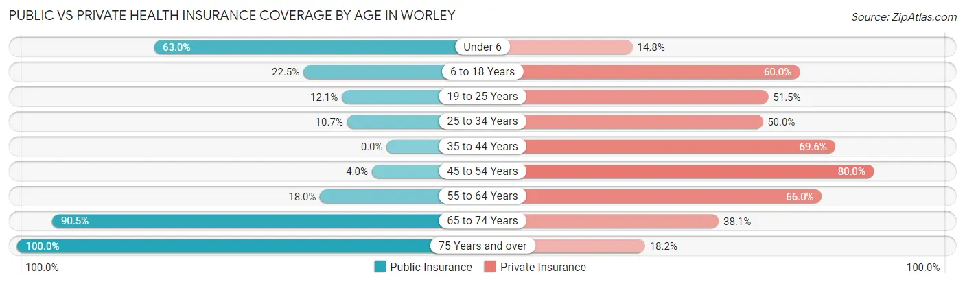 Public vs Private Health Insurance Coverage by Age in Worley