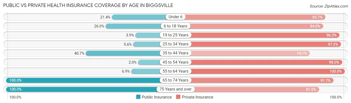 Public vs Private Health Insurance Coverage by Age in Biggsville