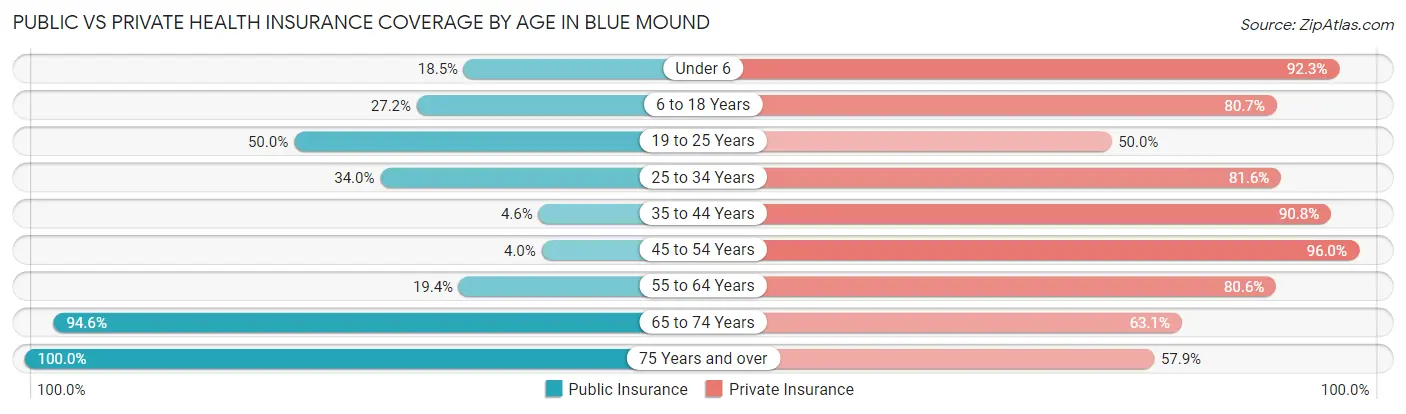 Public vs Private Health Insurance Coverage by Age in Blue Mound