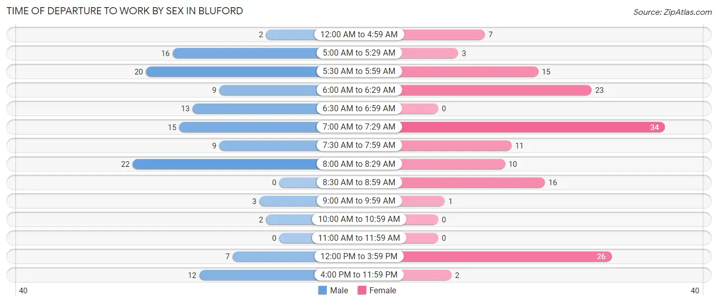 Time of Departure to Work by Sex in Bluford