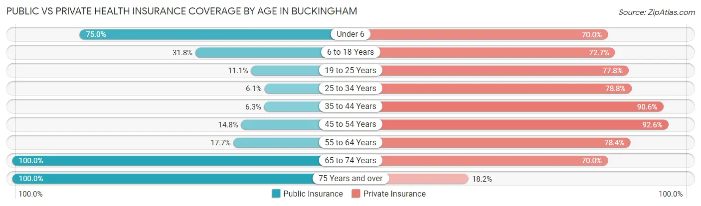 Public vs Private Health Insurance Coverage by Age in Buckingham