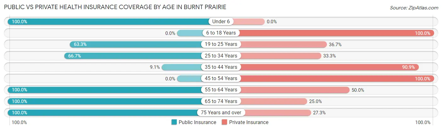 Public vs Private Health Insurance Coverage by Age in Burnt Prairie
