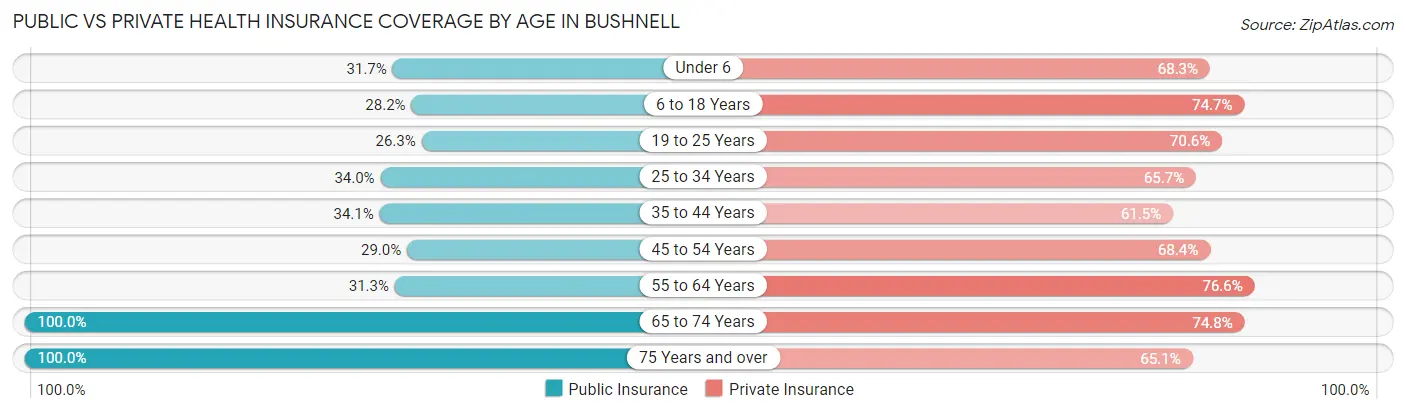 Public vs Private Health Insurance Coverage by Age in Bushnell