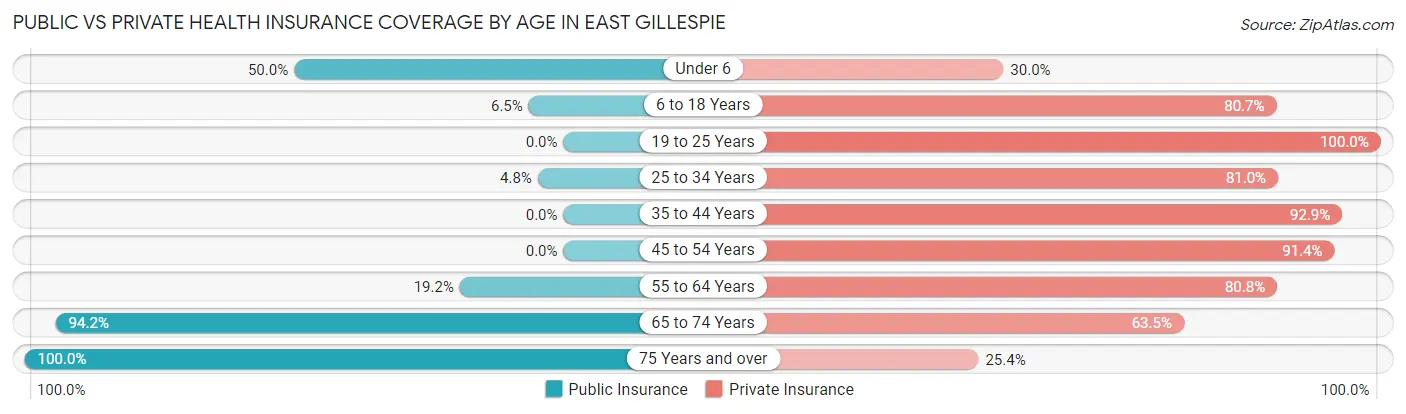 Public vs Private Health Insurance Coverage by Age in East Gillespie