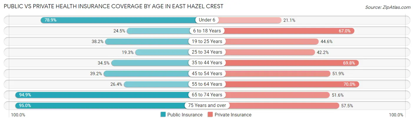 Public vs Private Health Insurance Coverage by Age in East Hazel Crest