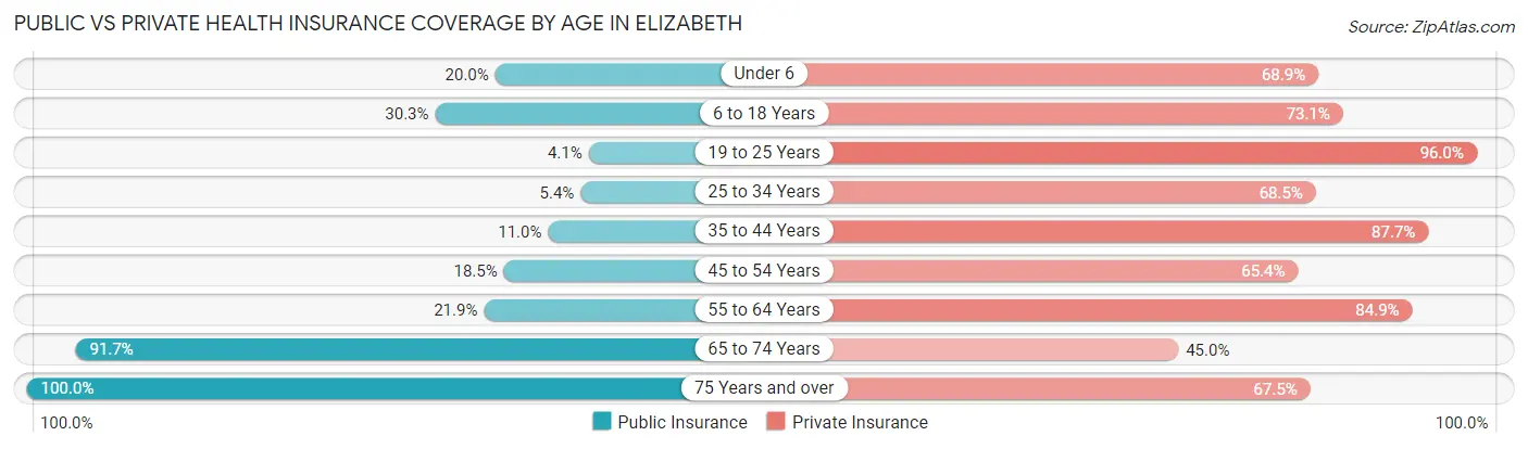 Public vs Private Health Insurance Coverage by Age in Elizabeth