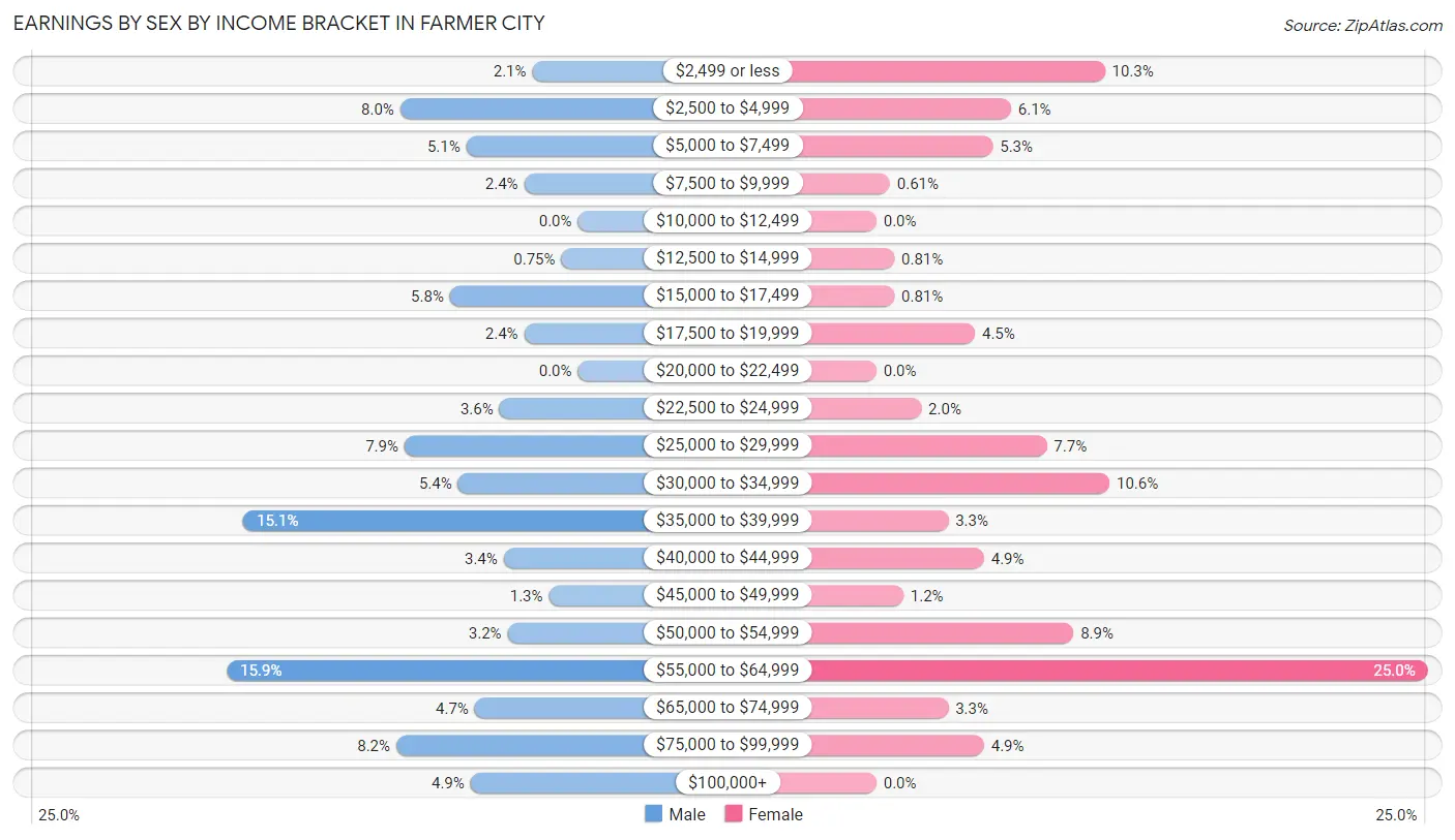 Earnings by Sex by Income Bracket in Farmer City