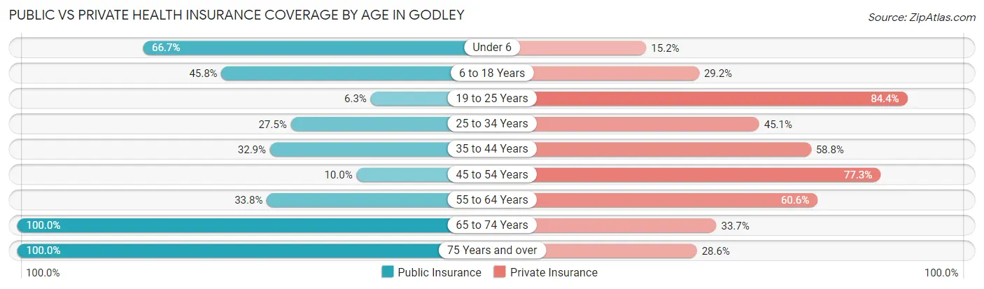 Public vs Private Health Insurance Coverage by Age in Godley