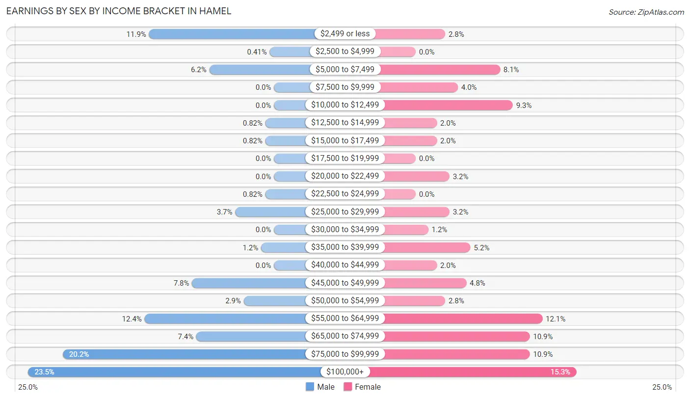 Earnings by Sex by Income Bracket in Hamel