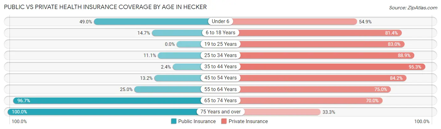 Public vs Private Health Insurance Coverage by Age in Hecker