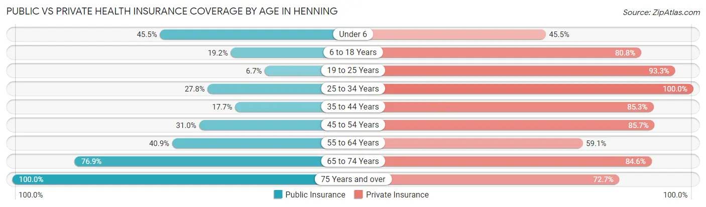 Public vs Private Health Insurance Coverage by Age in Henning