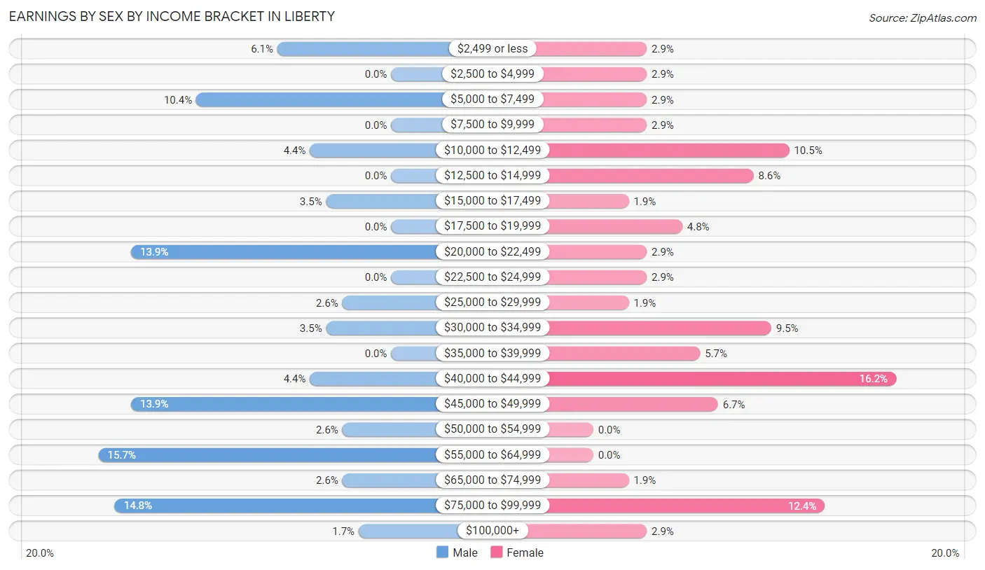 Earnings by Sex by Income Bracket in Liberty