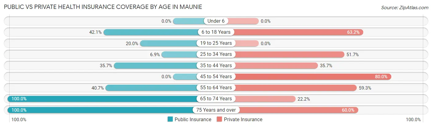 Public vs Private Health Insurance Coverage by Age in Maunie